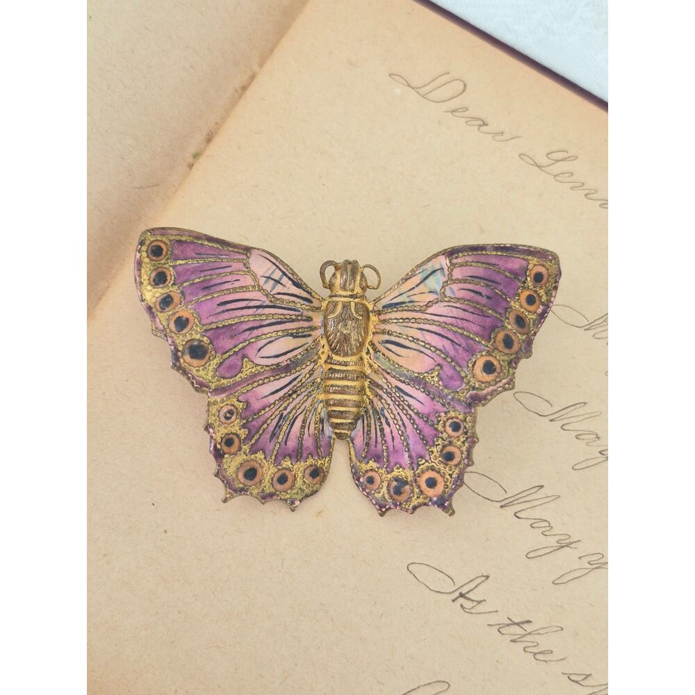 Vintage Purple Brass C Clasp Butterfly Brooch